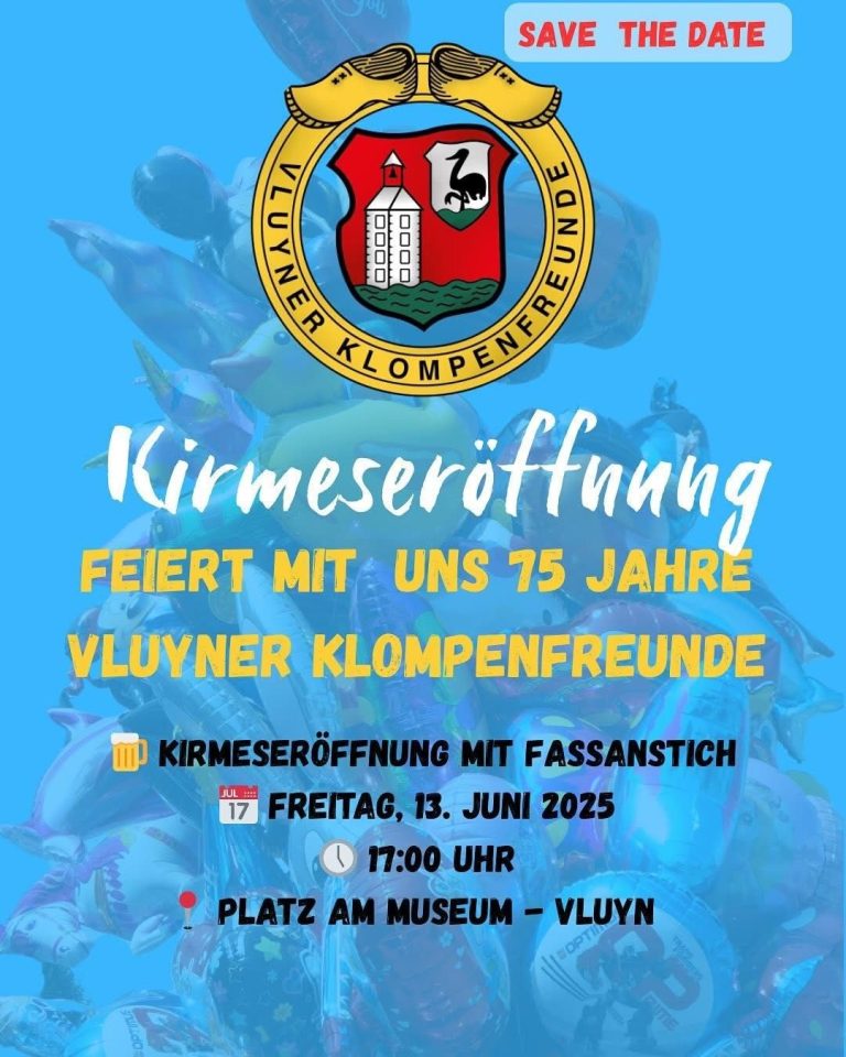 Ein Eventplakat zur Kirmeseröffnung der Vluyner Klumpenfreunde am 13. Juni 2025